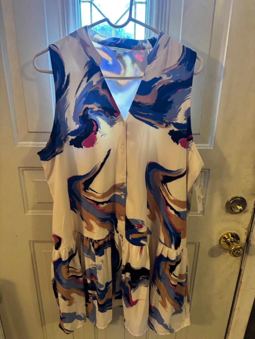 Nine West Sleeveless Swirl Print Dress in White, Blue, Pink and Tan